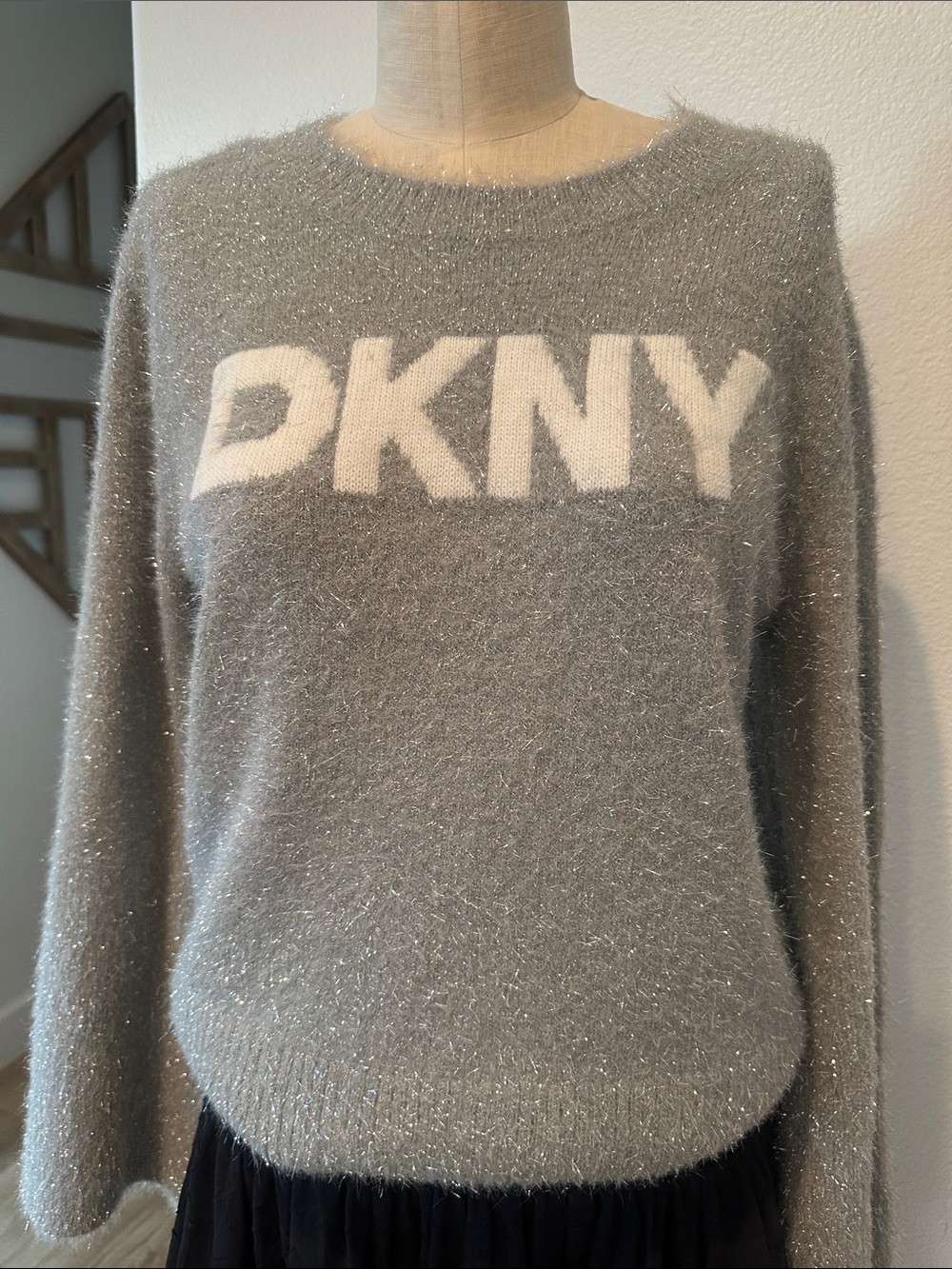 DKNY Gray Logo Fuzzy Sweater